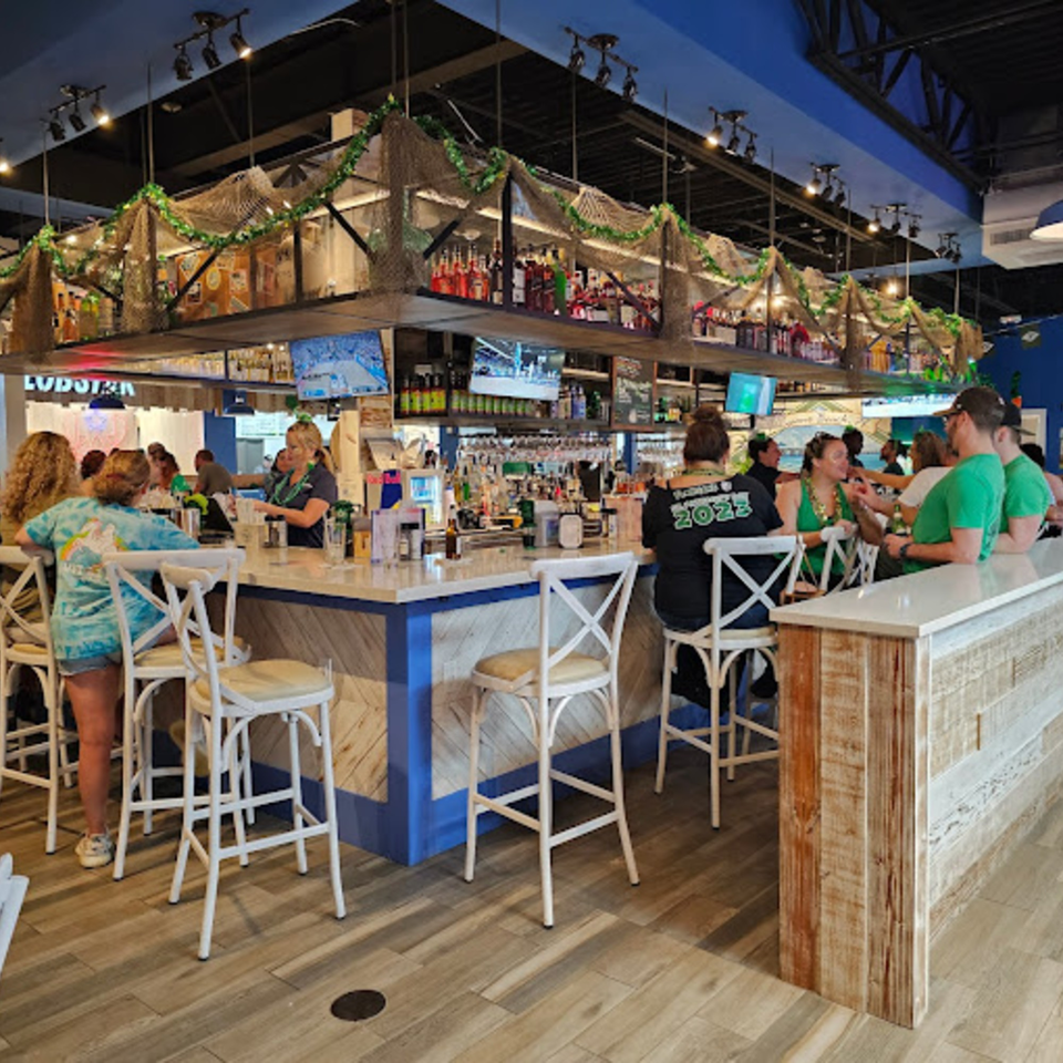 Patrons seated at the bar of The Bite Eatery, with a bartender serving drinks under decorative netting.
